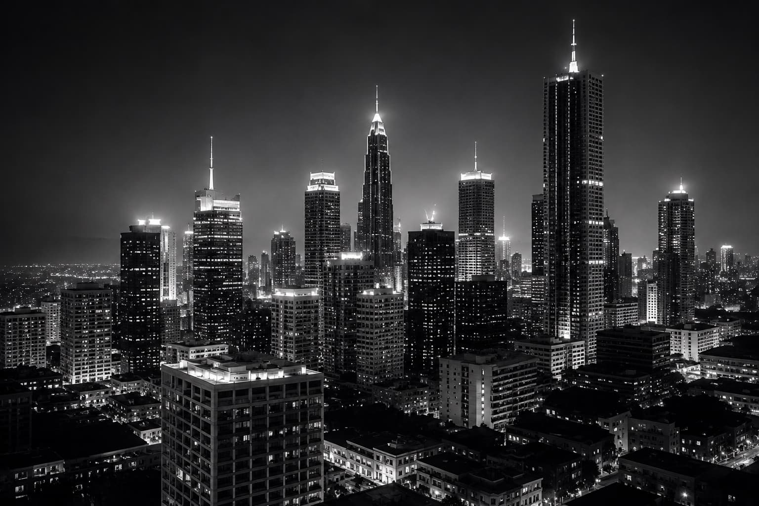 Black-and-white city skyline at night