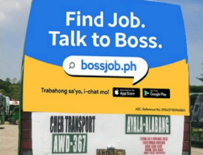 Rear crop highlighting the Bossjob call-to-action on the bus advertisement